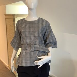 Zara black and white window pane shirt w/bell sleeves and matching belt size s